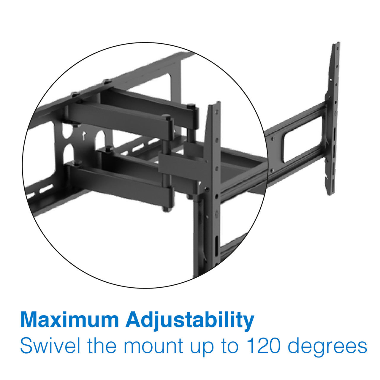 Black large full-motion TV wall bracket angle view with circle magnifying arm joint maximum adjustability 120 degrees