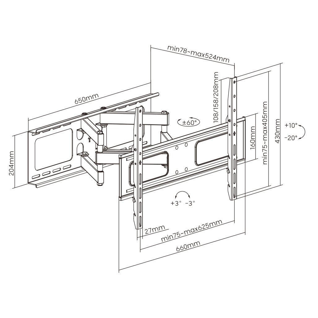 Large full-motion TV wall bracket dimension diagram 650mm wall plate extension 78-524mm tilt 10 degrees swivel 60 degrees