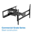 Black large full-motion TV wall bracket angle view on white Commercial Grade Series steel construction label