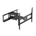 Black large full-motion TV wall bracket angle view on white flat rectangular wall plate extended arm and TV plate