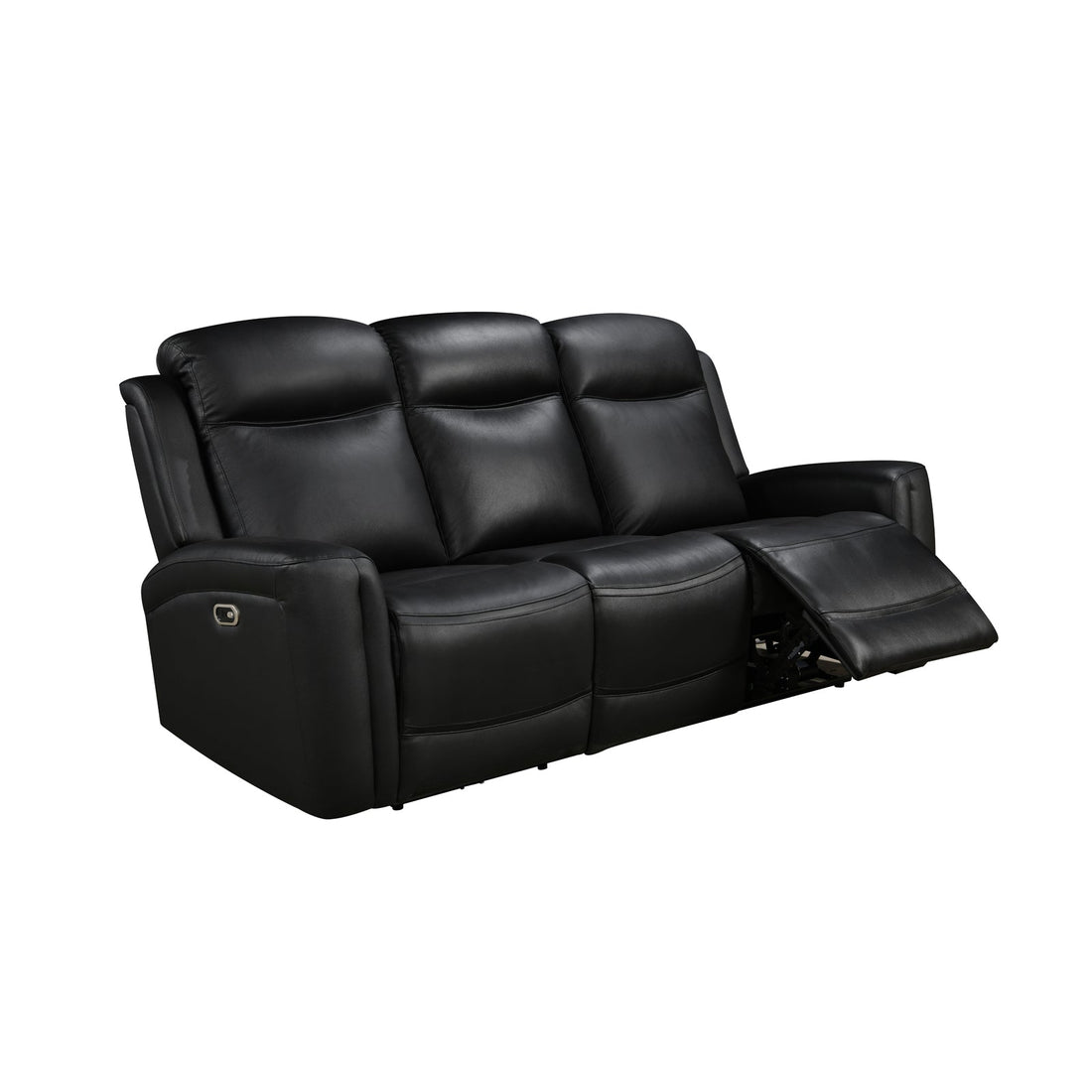Black leather 3-seat power recliner sofa in living room with tall windows, indoor plant and side table