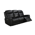 Black leather 3-seat power recliner sofa angle view on white background with right footrest extended