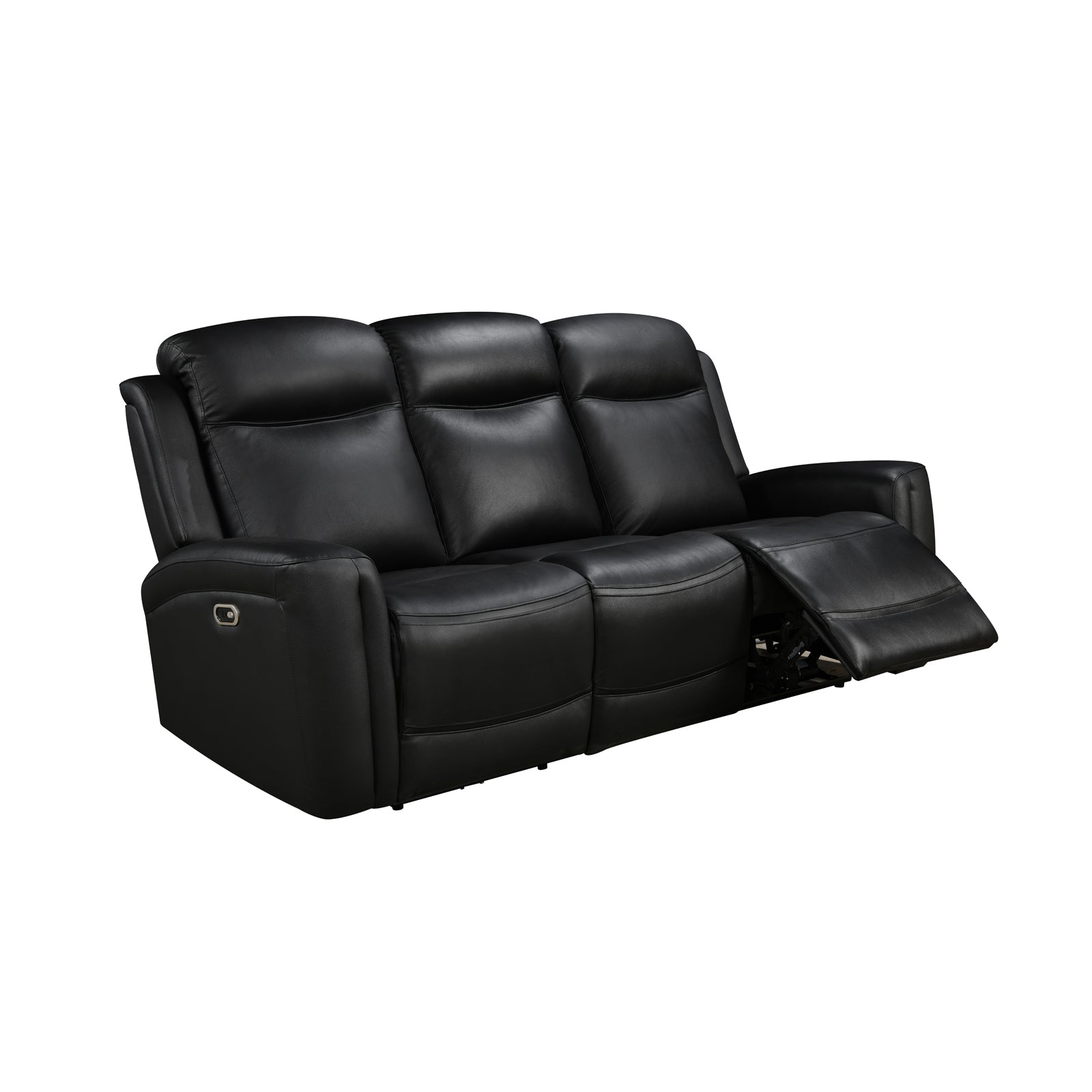 Black leather 3-seat power recliner sofa angle view on white background with right footrest extended