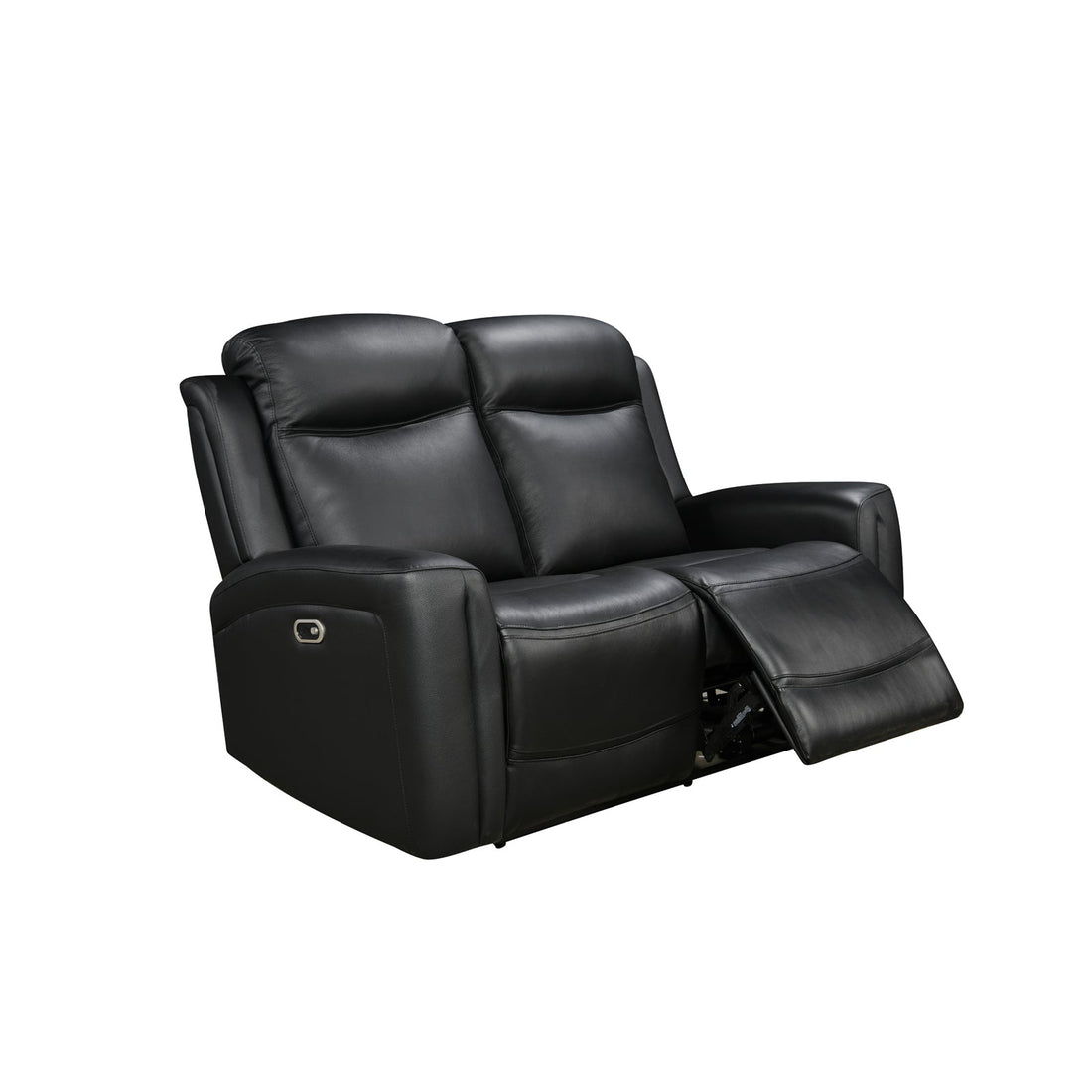Black leather 2-seat power recliner loveseat in styled living room with framed artwork, plant and lamp