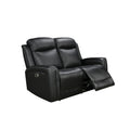 Black leather 2-seat power recliner loveseat angle view on white background with one footrest extended