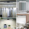 LED bar light in four settings: wardrobe with clothes, above bathroom mirror, kitchen counter and bedroom headboard