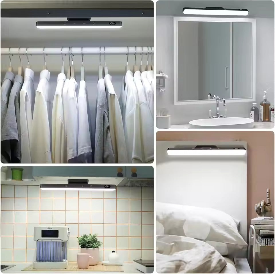 LED bar light in four settings: wardrobe with clothes, above bathroom mirror, kitchen counter and bedroom headboard