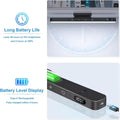 LED bar light battery infographic: 30hrs at 10% or 4hrs at 100%, Type-C rechargeable, 100% display close-up with USB-C cable