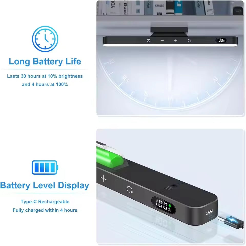 LED bar light battery infographic: 30hrs at 10% or 4hrs at 100%, Type-C rechargeable, 100% display close-up with USB-C cable
