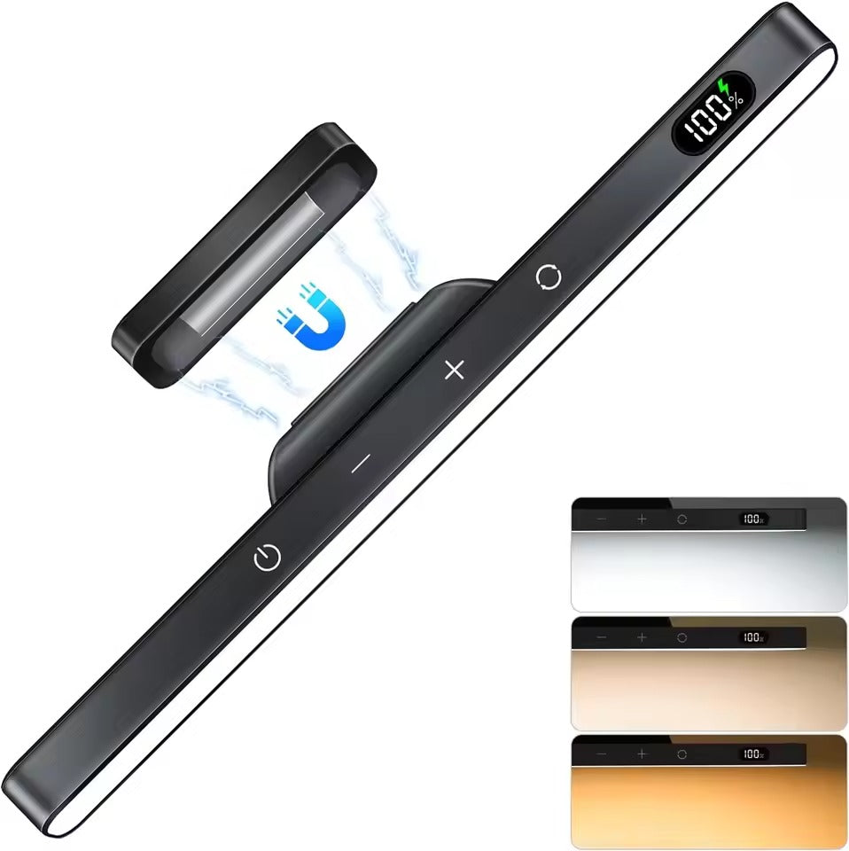 Black LED bar light with 100% display shown detaching from magnetic wall mount, three colour temperature swatches on right