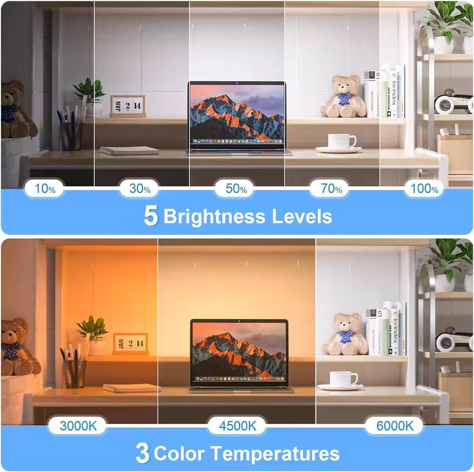 Black LED bar light on magnetic ceiling mount, 100% battery display, remote control, 3 colour temperature views