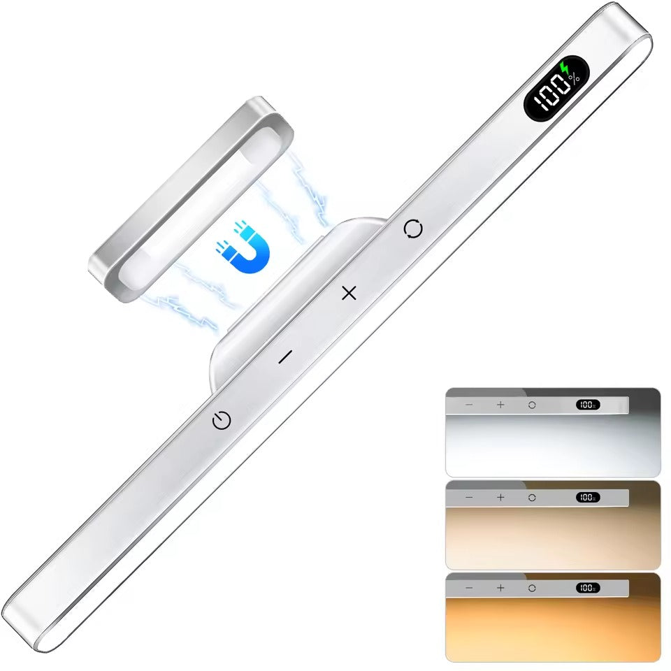 White LED bar light with 100% display shown detaching from magnetic wall mount, three colour temperature swatches on right