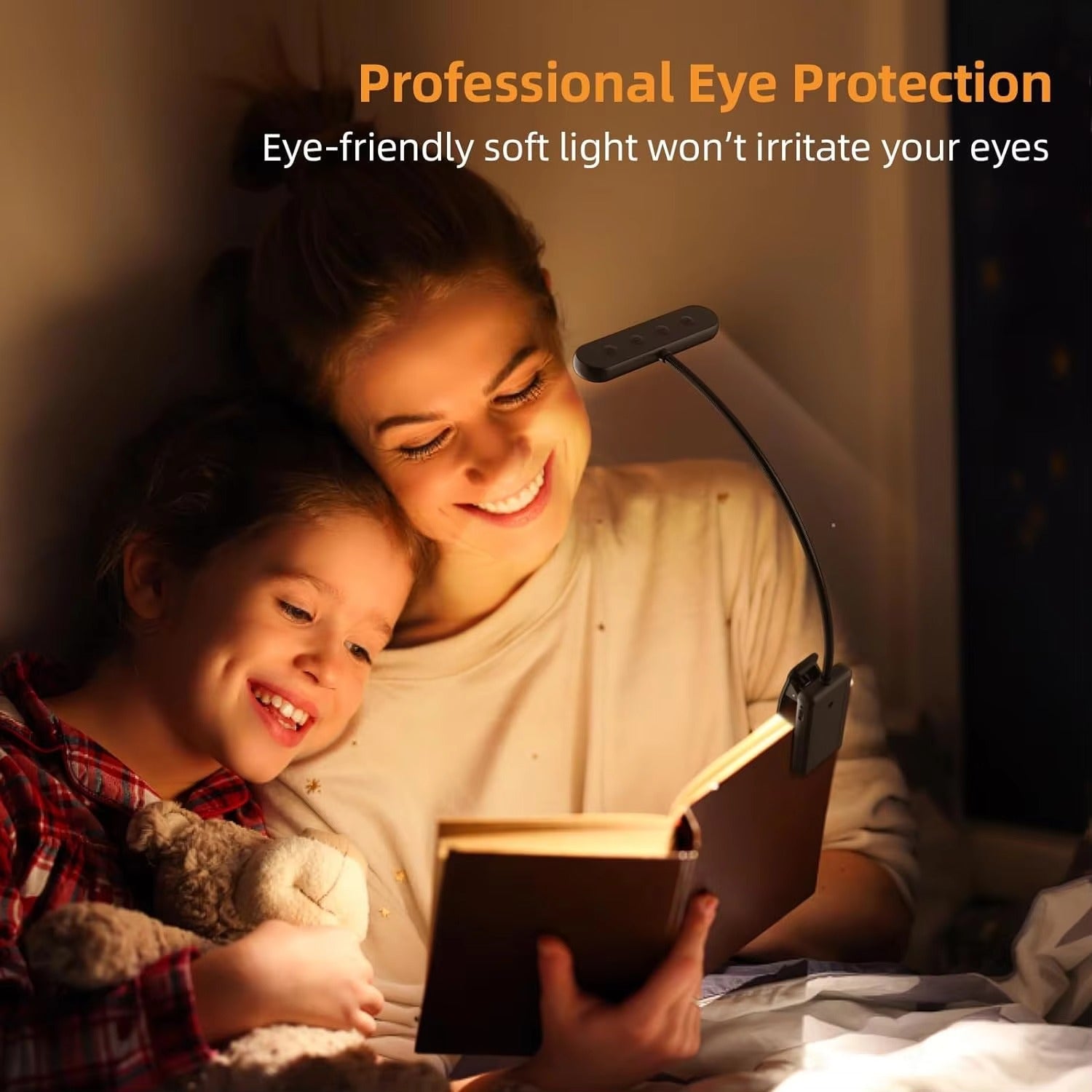 Adult and child reading in bed with black LED clip-on book light, text reads Professional Eye Protection