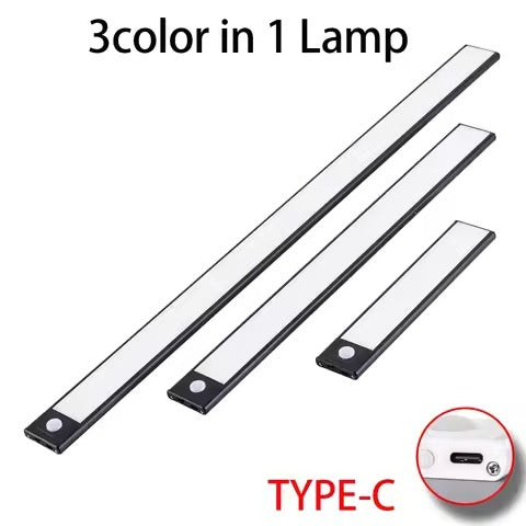 Three black LED bar lights in small, medium and large sizes labelled 3color in 1 Lamp, with TYPE-C charging port inset
