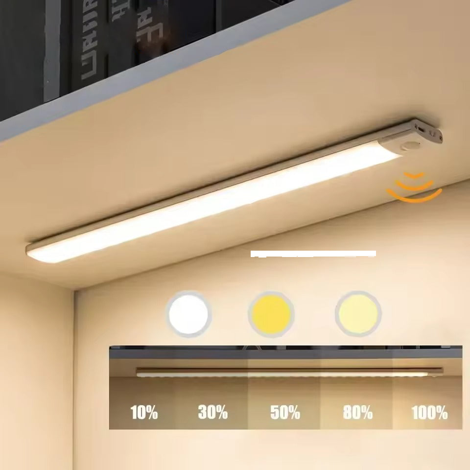 LED bar light under cabinet with motion sensor; inset shows brightness 10–100% and 3 colour temperatures