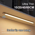 Ultra thin LED induction bar light under cabinet; text shows 10/20/40/60cm sizes and 3color in one Lamp