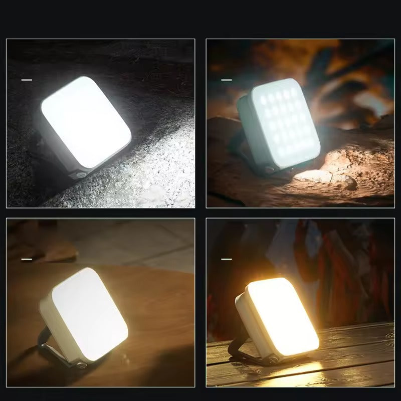 Portable LED camping light glowing in 4 outdoor night scenes on gravel, rocks, wood and at a campsite, varied colour temps