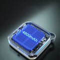 Cutaway render of portable camping light showing internal 4800mAh blue battery cell and PCB circuit board on dark background