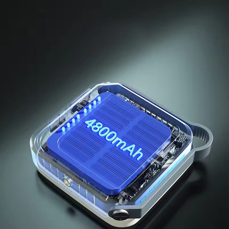 Cutaway render of portable camping light showing internal 4800mAh blue battery cell and PCB circuit board on dark background