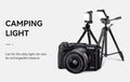 Camping Light infographic showing small LED panel on Canon EOS M3 camera tripod and separate stand, text Camping Light