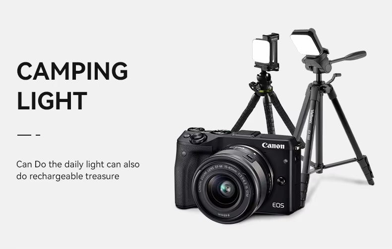 Camping Light infographic showing small LED panel on Canon EOS M3 camera tripod and separate stand, text Camping Light