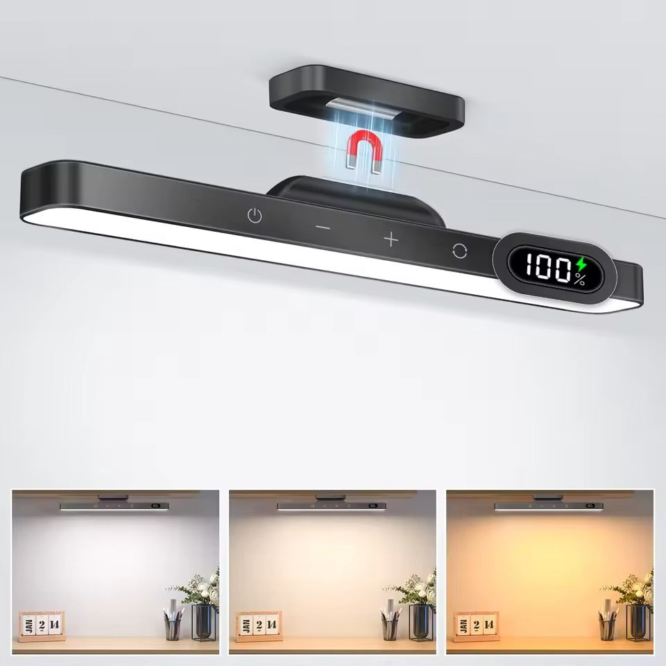 Black LED bar light on magnetic ceiling mount showing 100% battery display, with 3 colour temperature desk scene views below