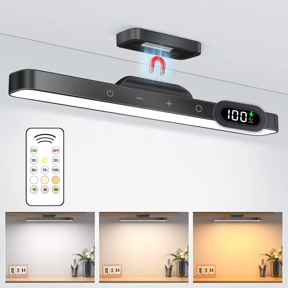 Black LED bar light on magnetic ceiling mount, 100% battery display, remote control, 3 colour temperature views