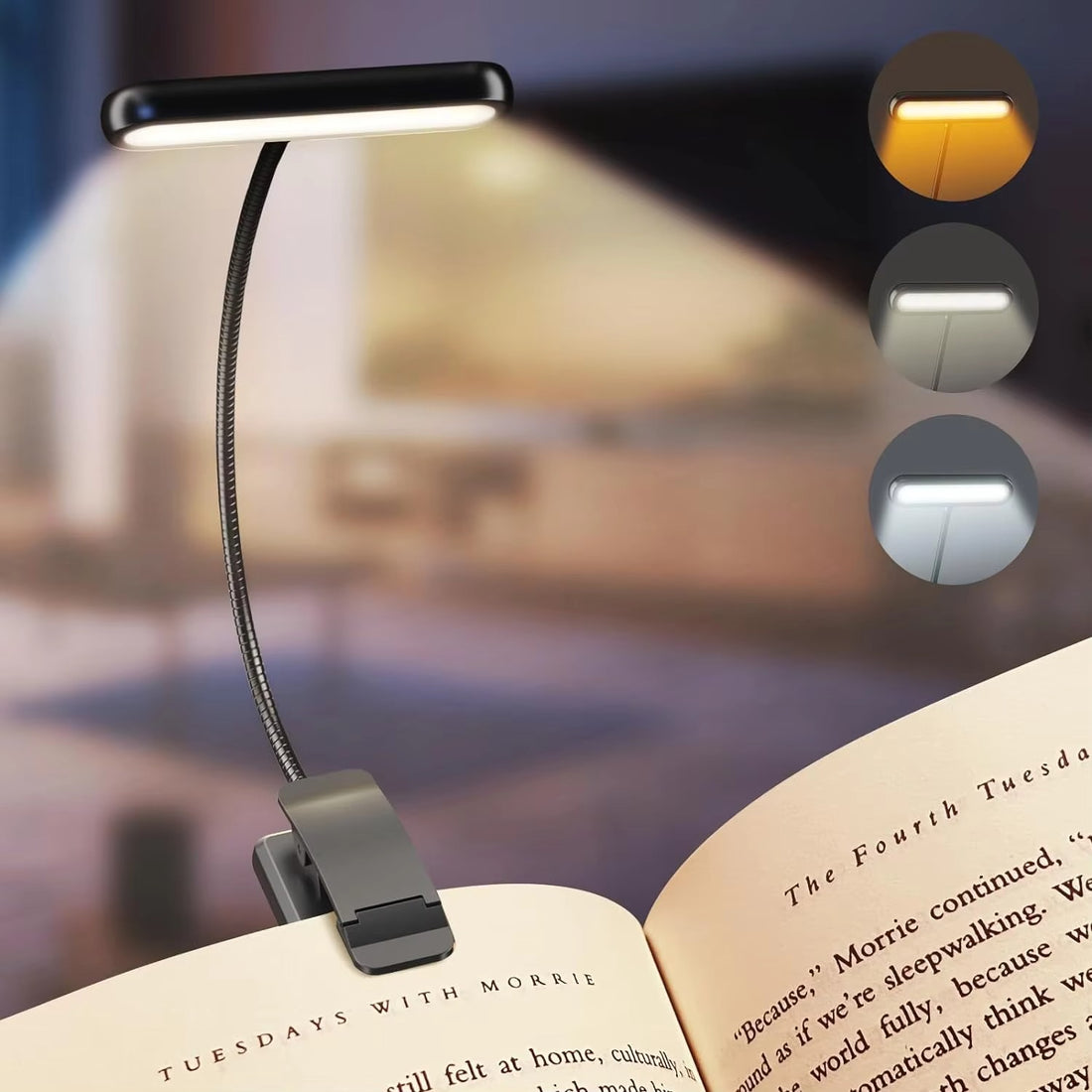 Black LED clip-on reading light on flexible gooseneck arm clipped to open book with three colour temperature mode insets