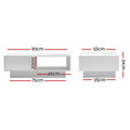 Dimension diagram of a white LED coffee table showing 95cm length, 55cm width, 31cm height, with a sliding door compartment