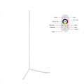 White LED corner floor lamp with labelled remote control diagram showing on/off, brightness and colour touch buttons
