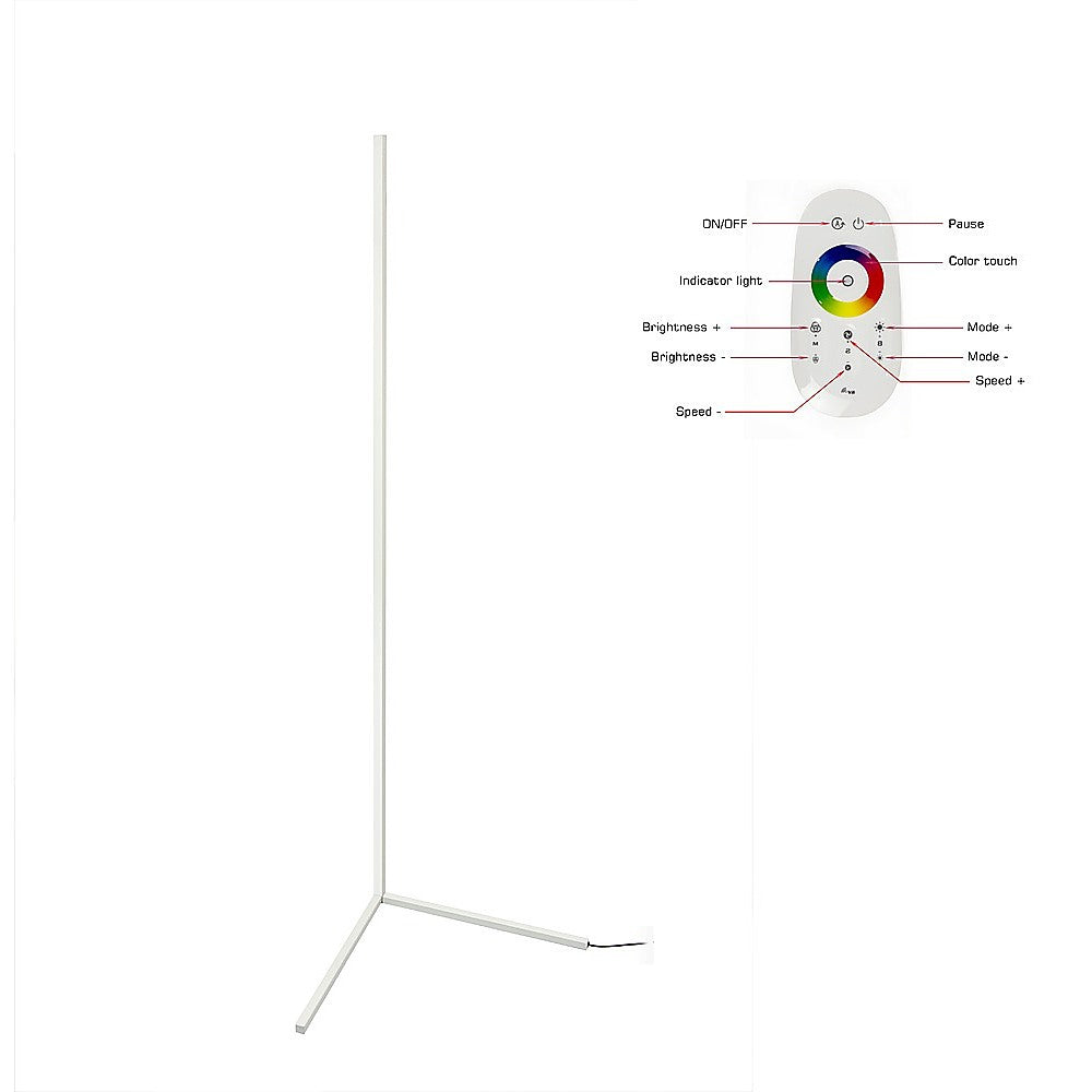 White LED corner floor lamp with labelled remote control diagram showing on/off, brightness and colour touch buttons