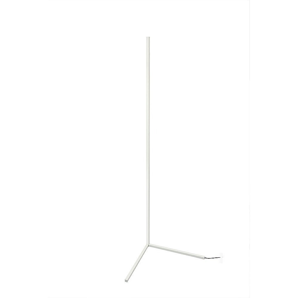 Minimalist white LED floor lamp with thin rectangular light bar on a three-legged tripod base, lamp off on white background