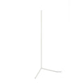 Minimalist white LED floor lamp with thin rectangular light bar on a three-legged tripod base, lamp off on white background