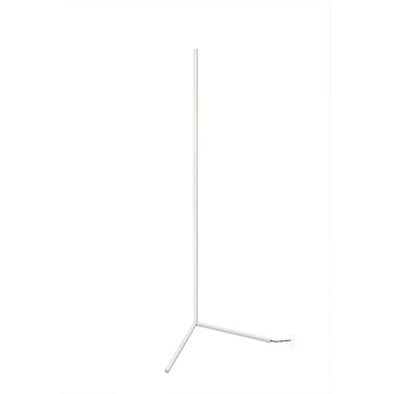 Minimalist white LED floor lamp with thin rectangular light bar on a three-legged tripod base, lamp off on white background