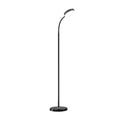 Black LED gooseneck floor lamp with round disc head and circular weighted base, side angle view on white background