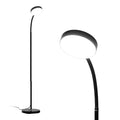Black LED floor lamp with flexible gooseneck arm and round disc head, full view left, illuminated close-up right