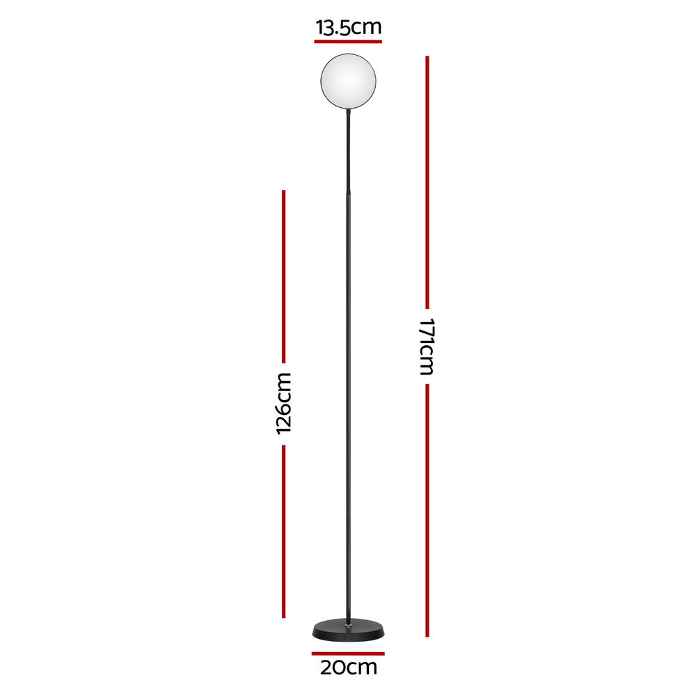 Black LED floor lamp with flexible gooseneck arm and round disc head, full view left, illuminated close-up right