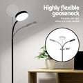 LED gooseneck floor lamp showing flexible head positions, text: Highly flexible gooseneck, 360 degree rotation diagram inset