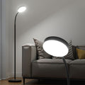 Illuminated black LED gooseneck floor lamp next to grey leather sofa in living room, close-up inset of lit round head
