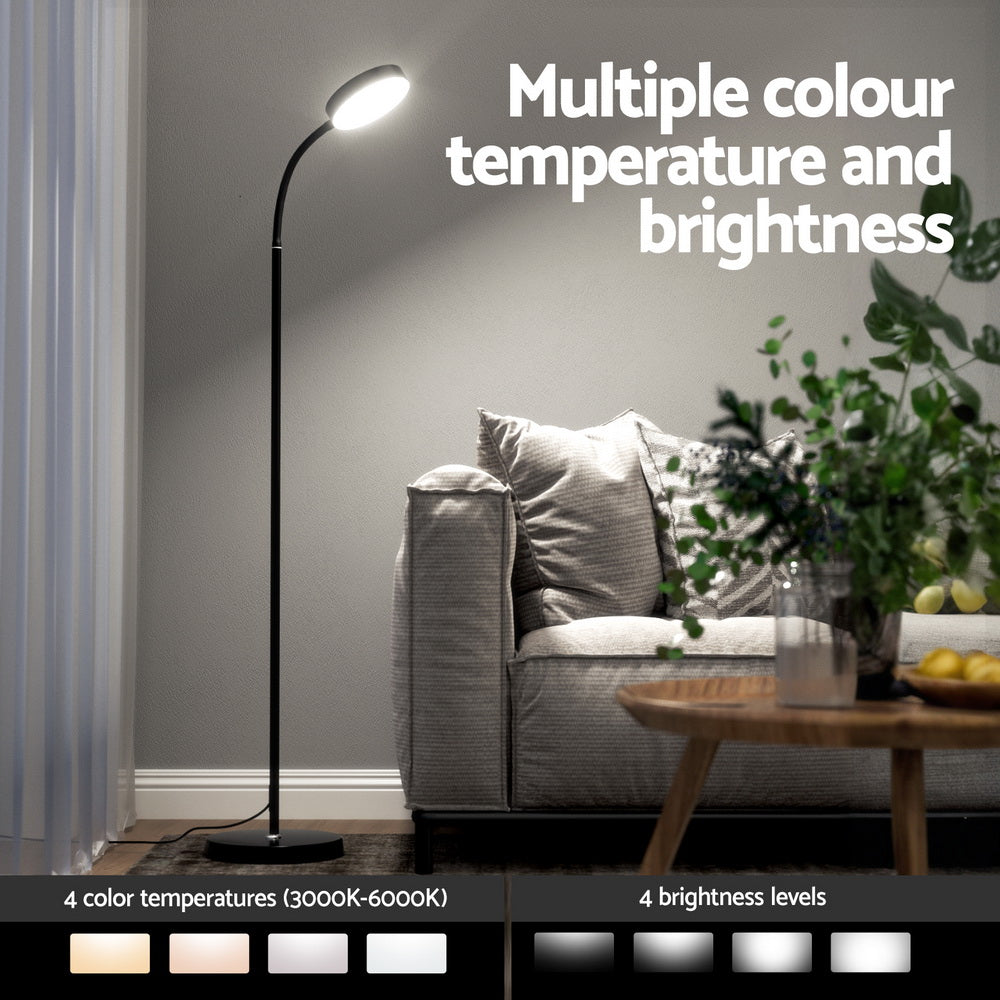 Black LED gooseneck floor lamp next to grey sofa in living room, text: 4 color temperatures 3000K-6000K, 4 brightness levels