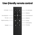 Black remote control diagram with labeled buttons: on/off, brightness, color temperature, nightlight and time delay