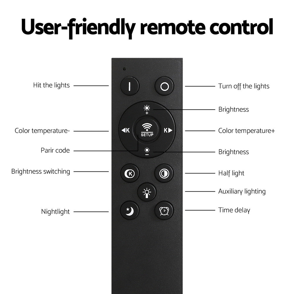 Black remote control diagram with labeled buttons: on/off, brightness, color temperature, nightlight and time delay