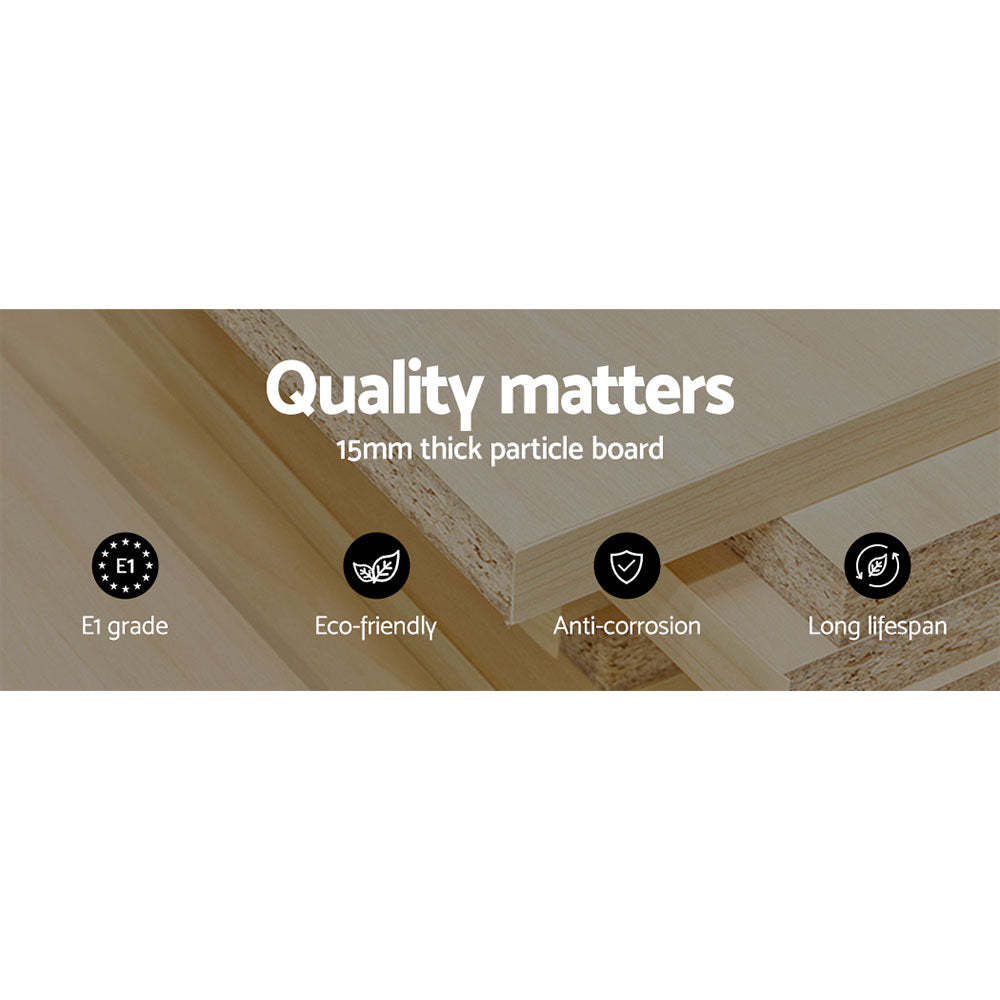 Quality matters infographic showing 15mm thick particle board with E1 grade eco-friendly anti-corrosion icons