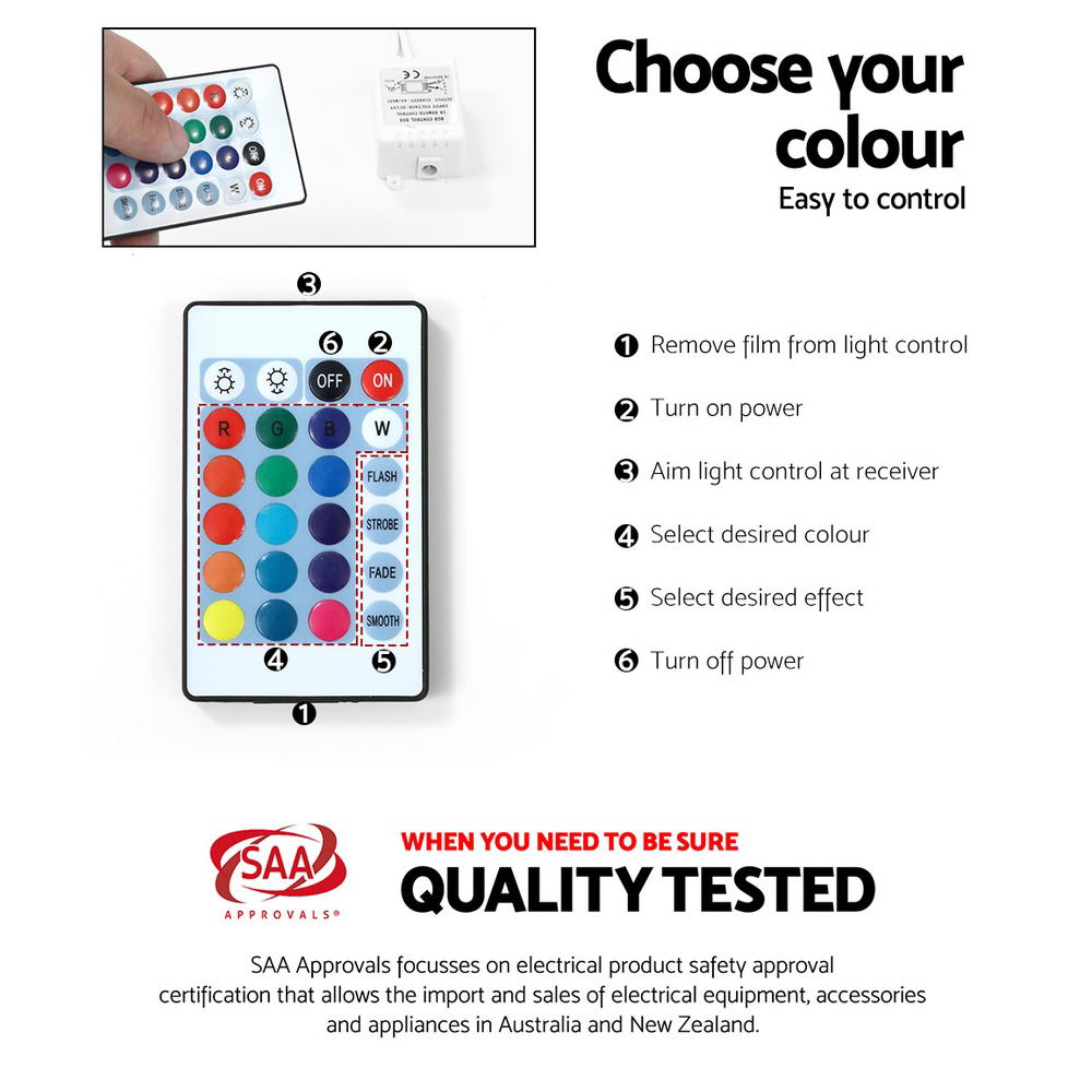 LED TV unit remote control infographic showing RGB colour selection steps and SAA Approvals quality tested certification
