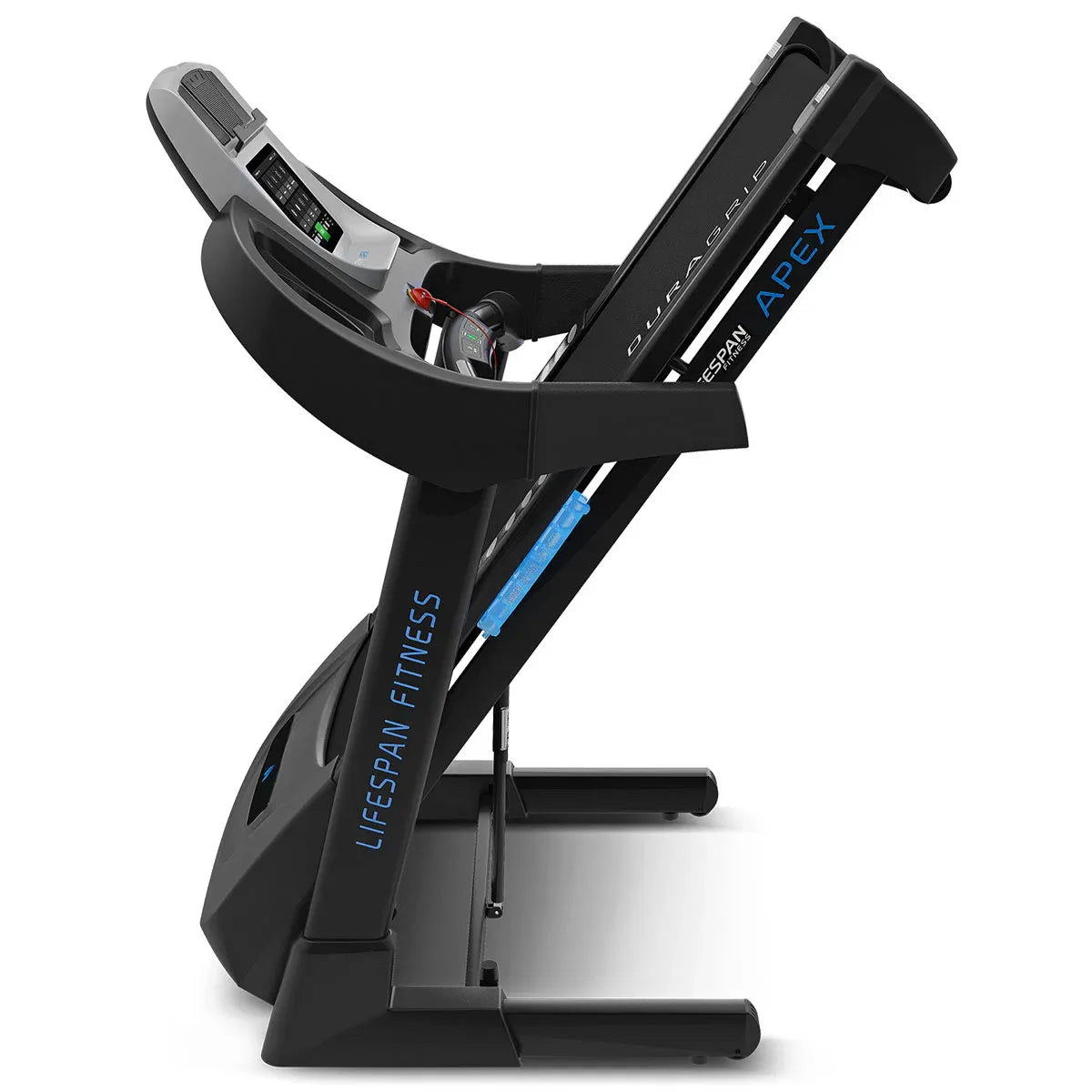 Lifespan Apex 2 treadmill in compact folded storage position with running deck vertical