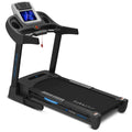 Lifespan Apex 2 treadmill front view with blue touchscreen console and black running deck