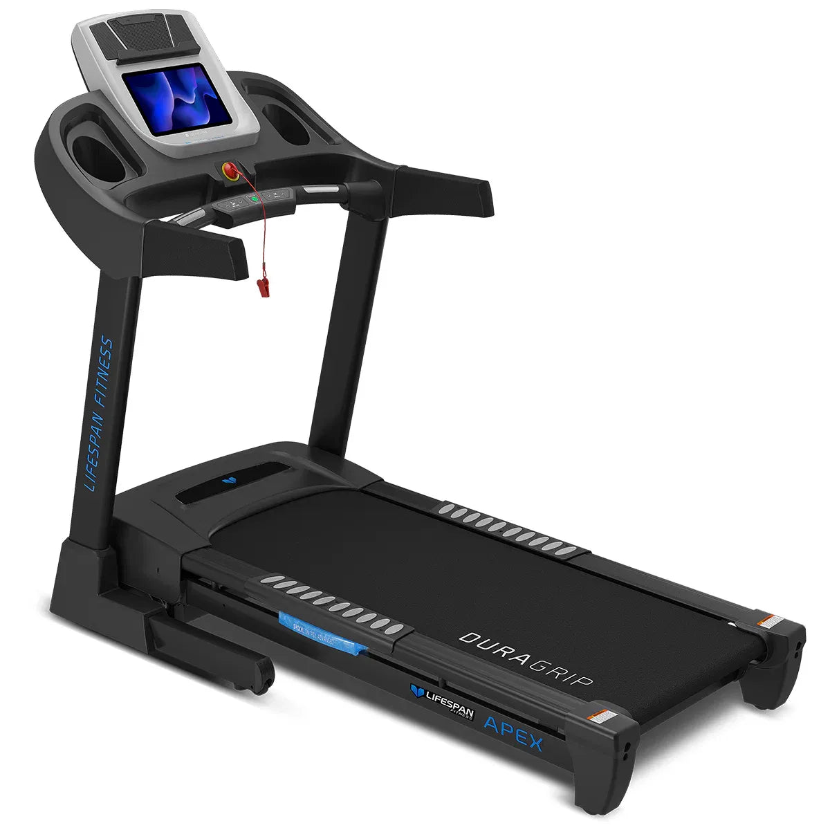 Lifespan Apex 2 treadmill front view with blue touchscreen console and black running deck