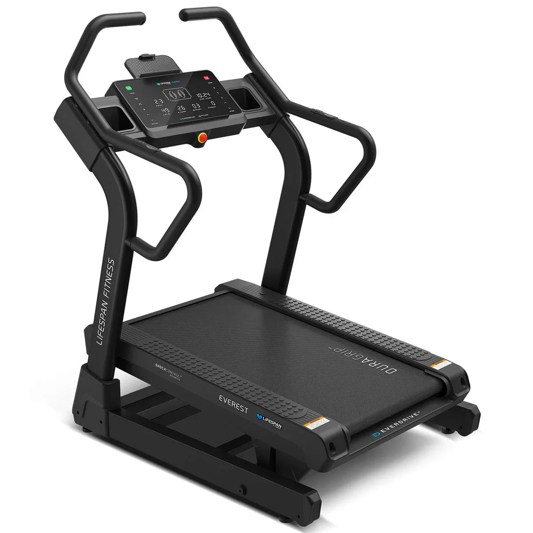 Lifespan Everest 3 treadmill three-quarter view with black frame, LED console and padded handles