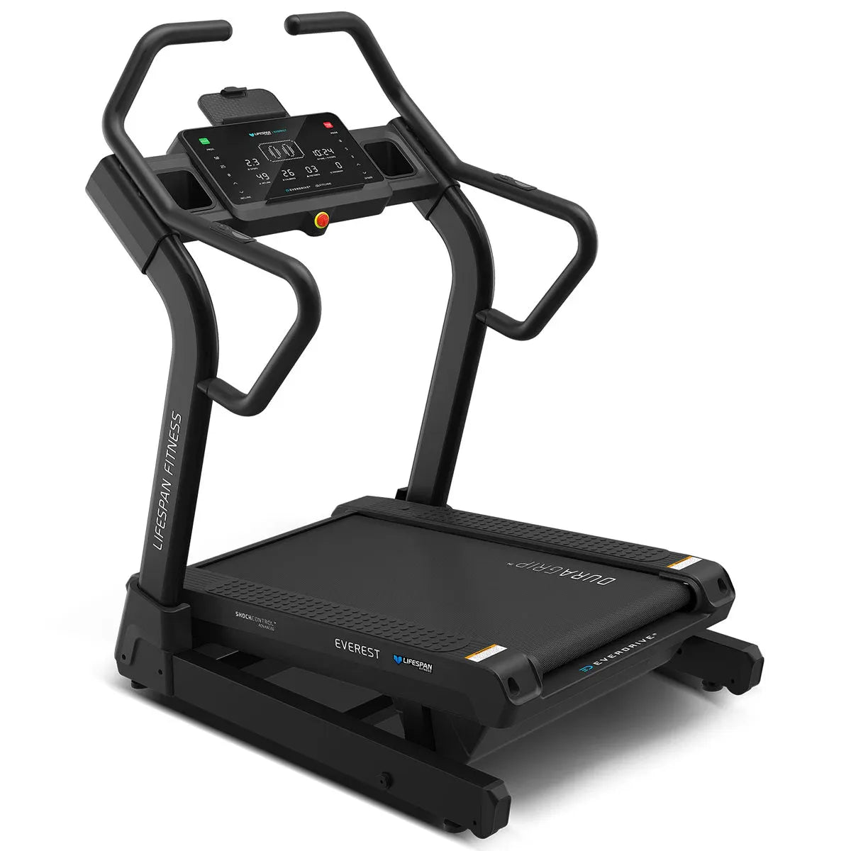 Everest 3 treadmill angled lifestyle view showing incline-capable DuraGrip belt and steel frame design