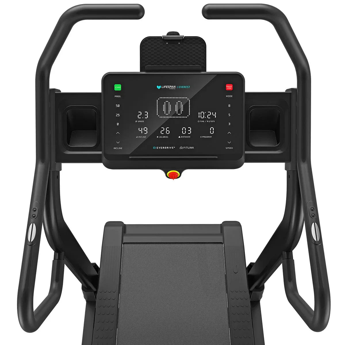 Everest 3 side view showing running belt profile, steel frame base and Lifespan branding on black body